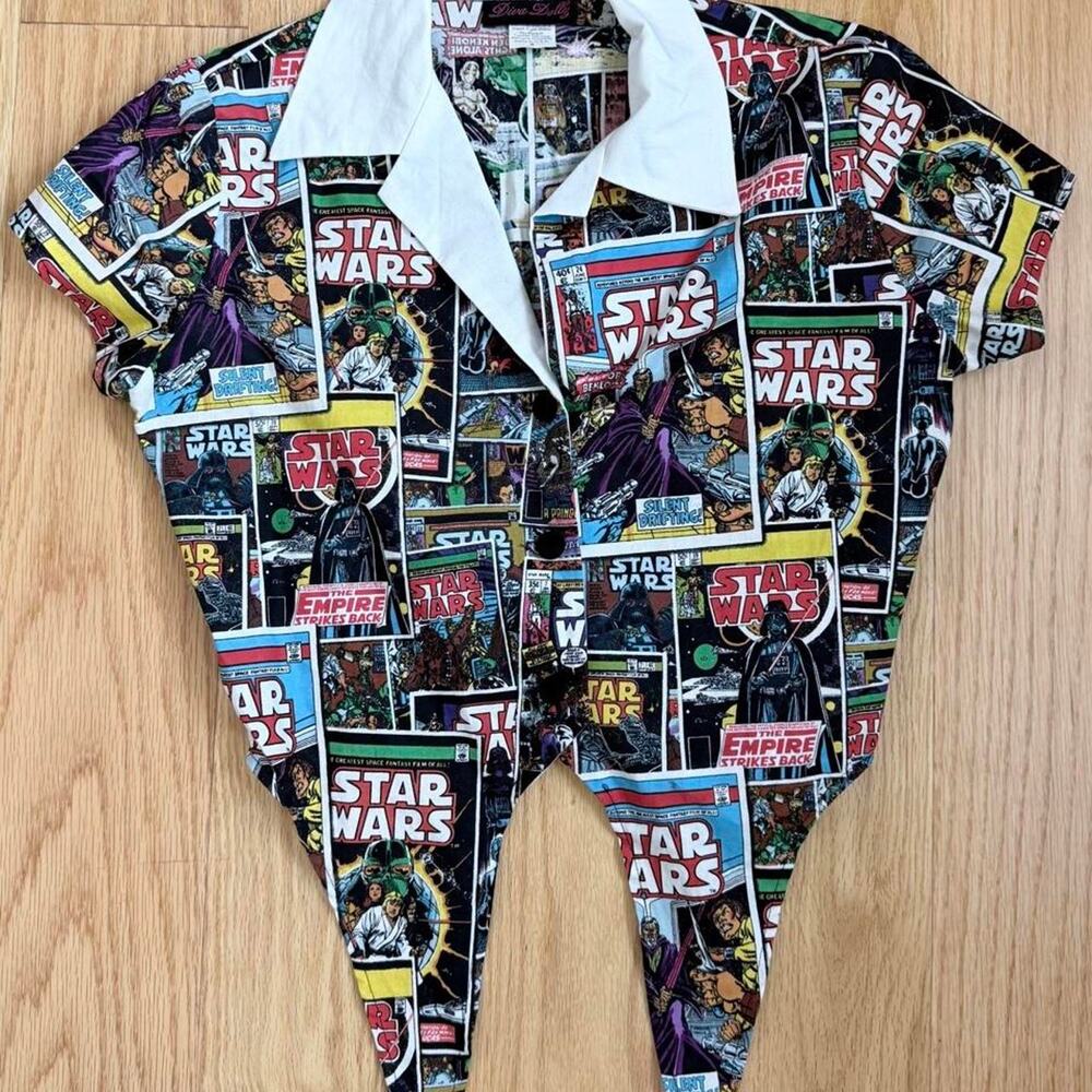 Diva Dollz Star Wars Marvel Comic Print Cropped Tie-Front Shirt Vintage S